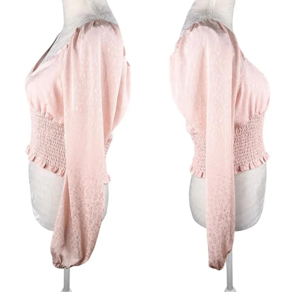Leith Blouse Crop Top Smocked Pink Smoke M New